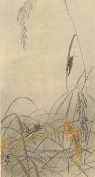  Montes Pintura - Saltamontes en las plantas de arroz Ohara Koson Shin hanga